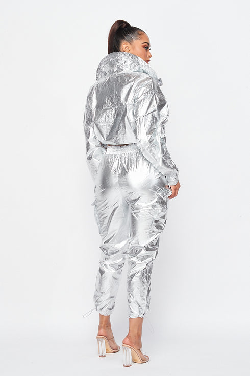 Metallic Pullover Tracksuit Pants Set - Silver - SohoGirl.com